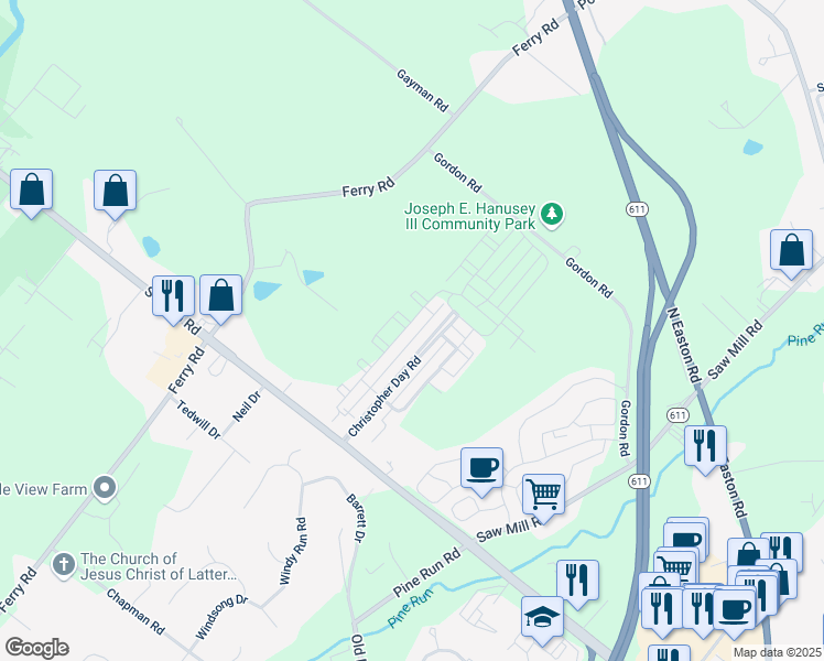 map of restaurants, bars, coffee shops, grocery stores, and more near 3778 Jacob Stout Road in Doylestown