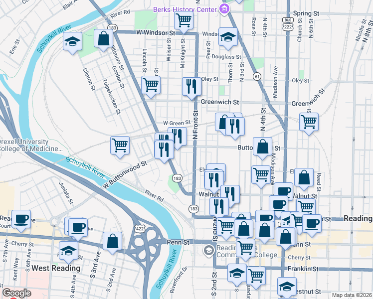 map of restaurants, bars, coffee shops, grocery stores, and more near 348A North Front Street in Reading
