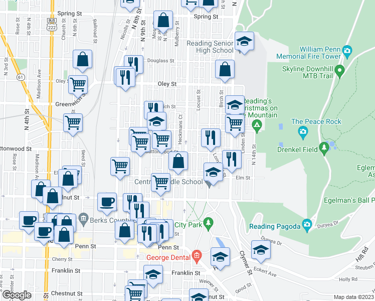 map of restaurants, bars, coffee shops, grocery stores, and more near 401 North 11th Street in Reading