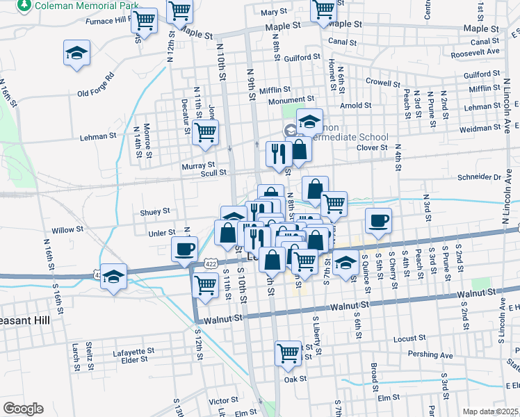 map of restaurants, bars, coffee shops, grocery stores, and more near 139 North 9th Street in Lebanon