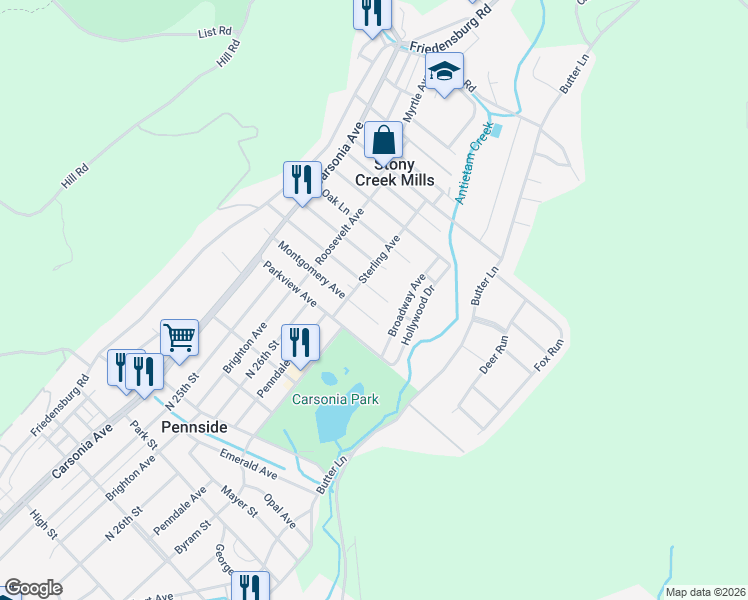 map of restaurants, bars, coffee shops, grocery stores, and more near 360 Montgomery Avenue in Reading