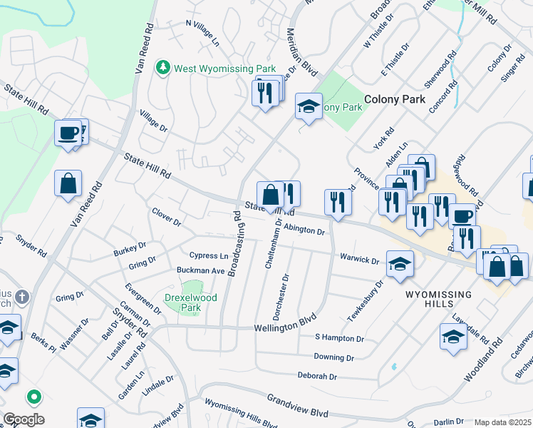 map of restaurants, bars, coffee shops, grocery stores, and more near 1903 Andre Court in Wyomissing
