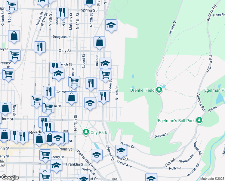 map of restaurants, bars, coffee shops, grocery stores, and more near 1333 Buttonwood Street in Reading