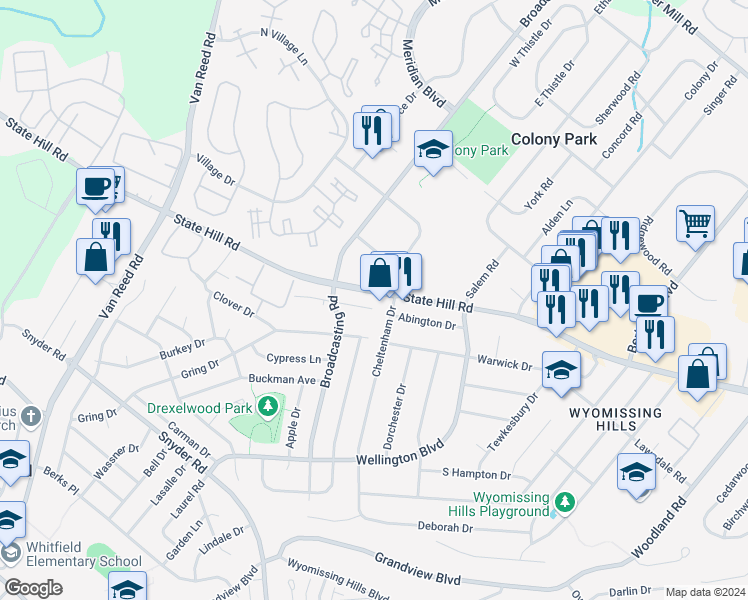 map of restaurants, bars, coffee shops, grocery stores, and more near 1903 Andre Court in Wyomissing