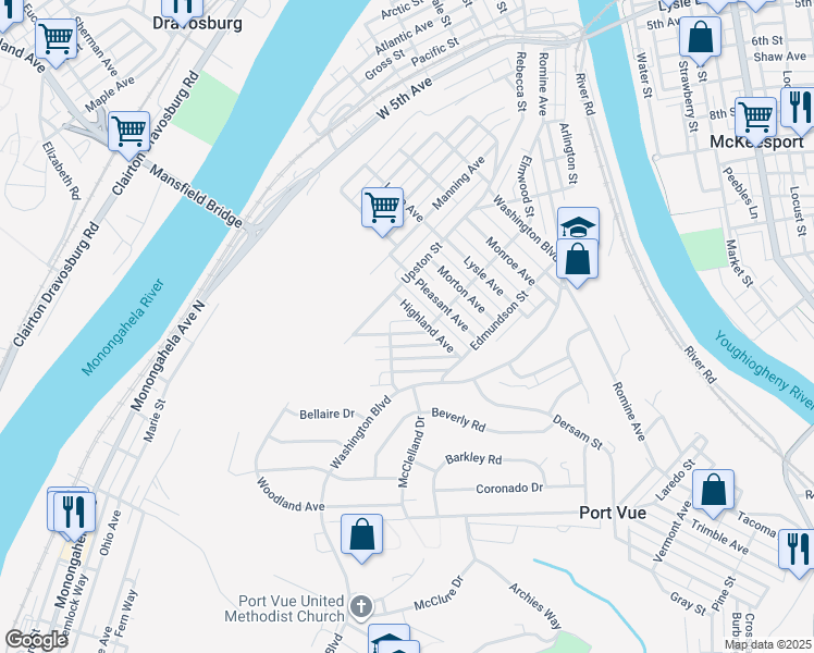 map of restaurants, bars, coffee shops, grocery stores, and more near 1027 Oakland Avenue in McKeesport