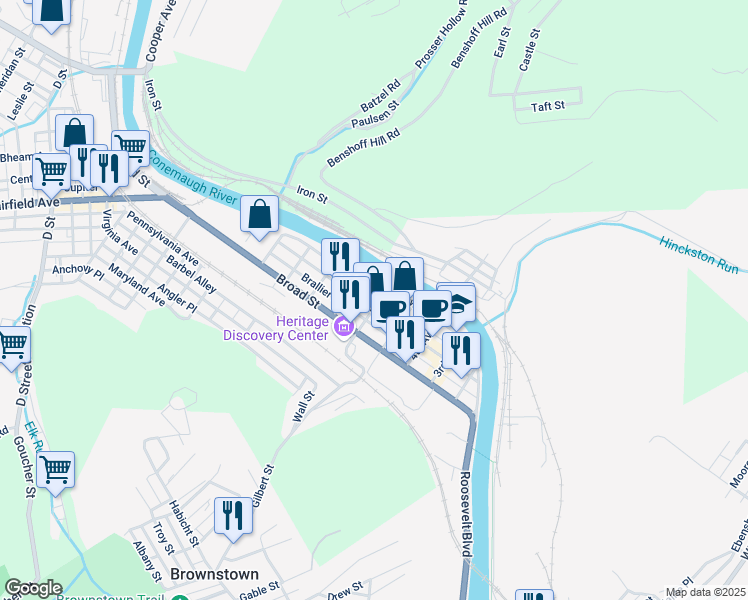map of restaurants, bars, coffee shops, grocery stores, and more near 311 6th Avenue in Johnstown