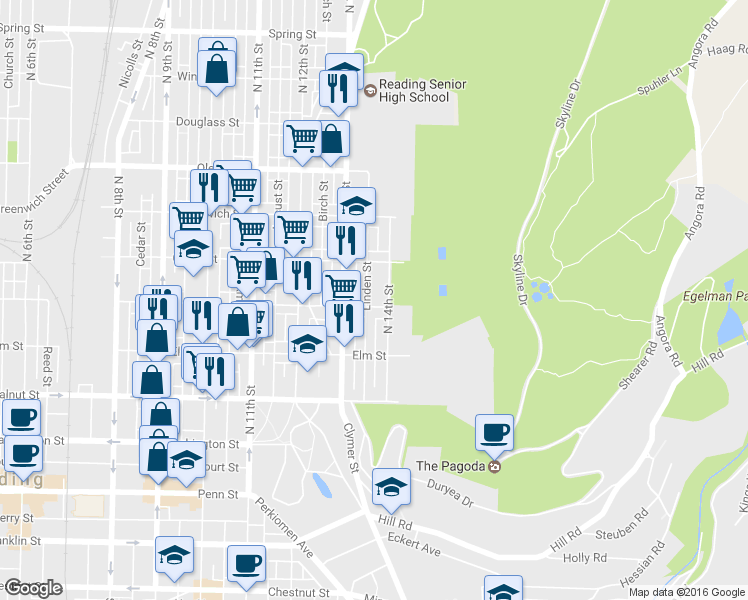 map of restaurants, bars, coffee shops, grocery stores, and more near 1333 Buttonwood Street in Reading