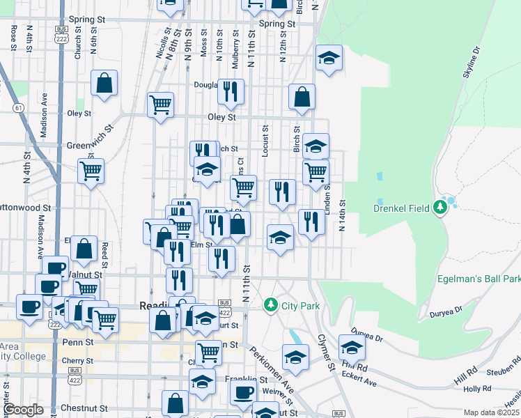 map of restaurants, bars, coffee shops, grocery stores, and more near 1115 Buttonwood Street in Reading