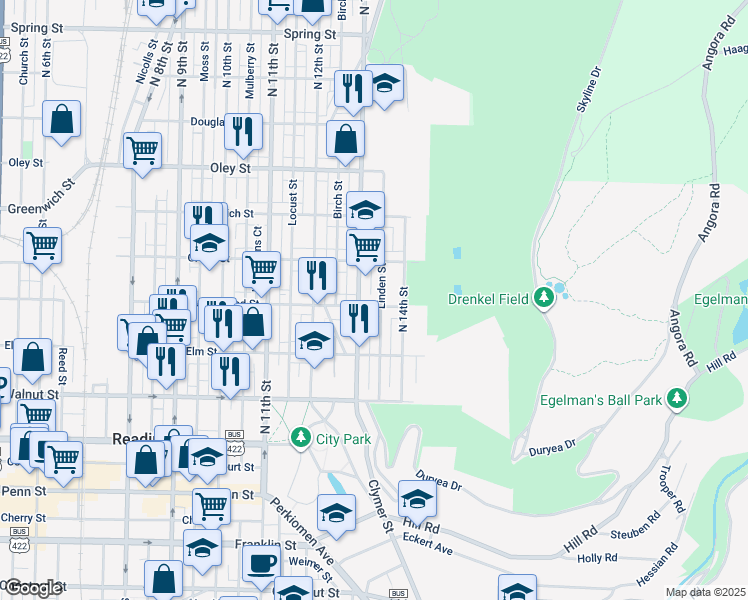 map of restaurants, bars, coffee shops, grocery stores, and more near 355 North 13th Street in Reading