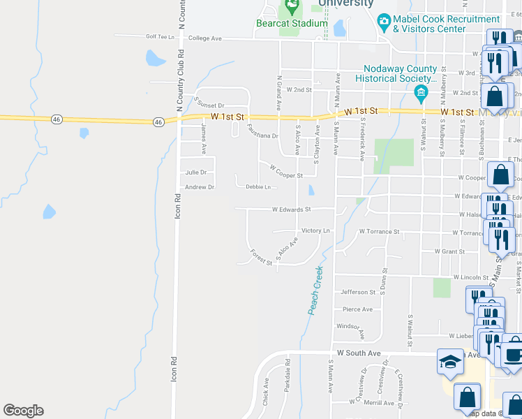 map of restaurants, bars, coffee shops, grocery stores, and more near 1108 West Edwards Street in Maryville