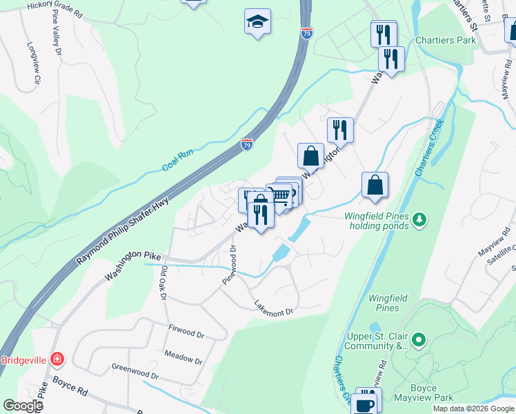 map of restaurants, bars, coffee shops, grocery stores, and more near 3248 Washington Pike in Bridgeville