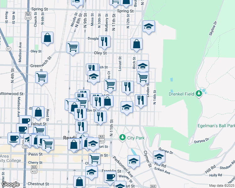 map of restaurants, bars, coffee shops, grocery stores, and more near 1115 Buttonwood Street in Reading