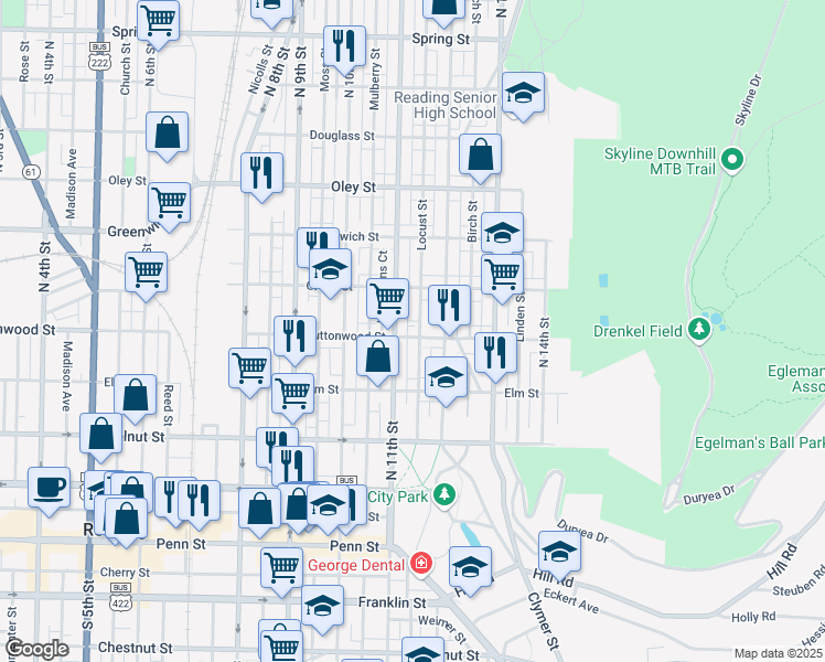map of restaurants, bars, coffee shops, grocery stores, and more near 1113 Buttonwood Street in Reading