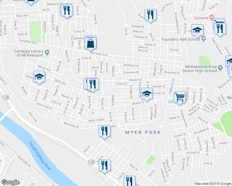 map of restaurants, bars, coffee shops, grocery stores, and more near 2707 Grover Street in McKeesport