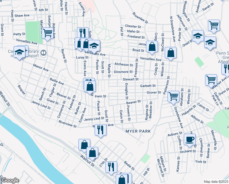 map of restaurants, bars, coffee shops, grocery stores, and more near 2717 Grover Street in McKeesport