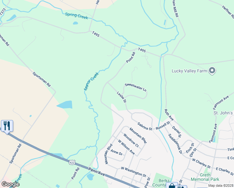 map of restaurants, bars, coffee shops, grocery stores, and more near 70 Leslie Street in Wernersville