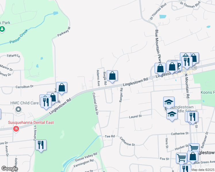 map of restaurants, bars, coffee shops, grocery stores, and more near 5716 Linglestown Road in Harrisburg