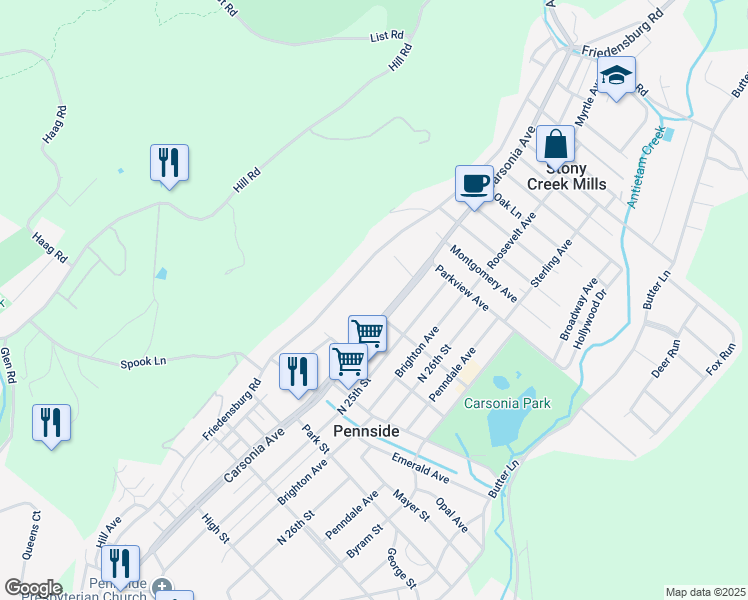 map of restaurants, bars, coffee shops, grocery stores, and more near 901 Carsonia Avenue in Reading