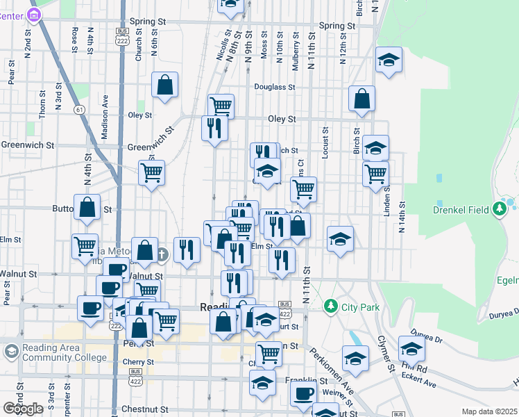 map of restaurants, bars, coffee shops, grocery stores, and more near 335 North 9th Street in Reading