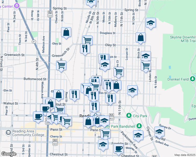 map of restaurants, bars, coffee shops, grocery stores, and more near 905 Buttonwood Street in Reading