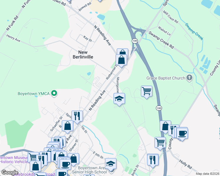 map of restaurants, bars, coffee shops, grocery stores, and more near 1135 Montgomery Avenue in New Berlinville