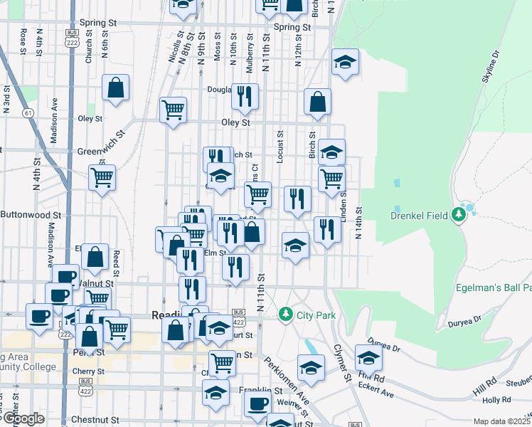 map of restaurants, bars, coffee shops, grocery stores, and more near 407 North 11th Street in Reading