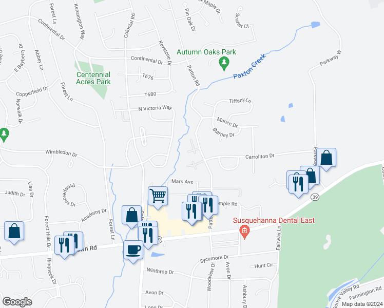 map of restaurants, bars, coffee shops, grocery stores, and more near 54 Fairfax Village in Harrisburg