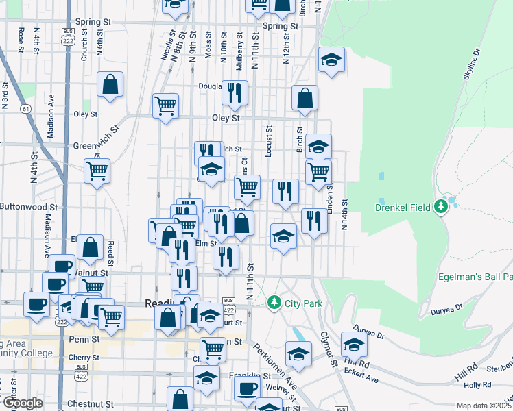 map of restaurants, bars, coffee shops, grocery stores, and more near 407 North 11th Street in Reading