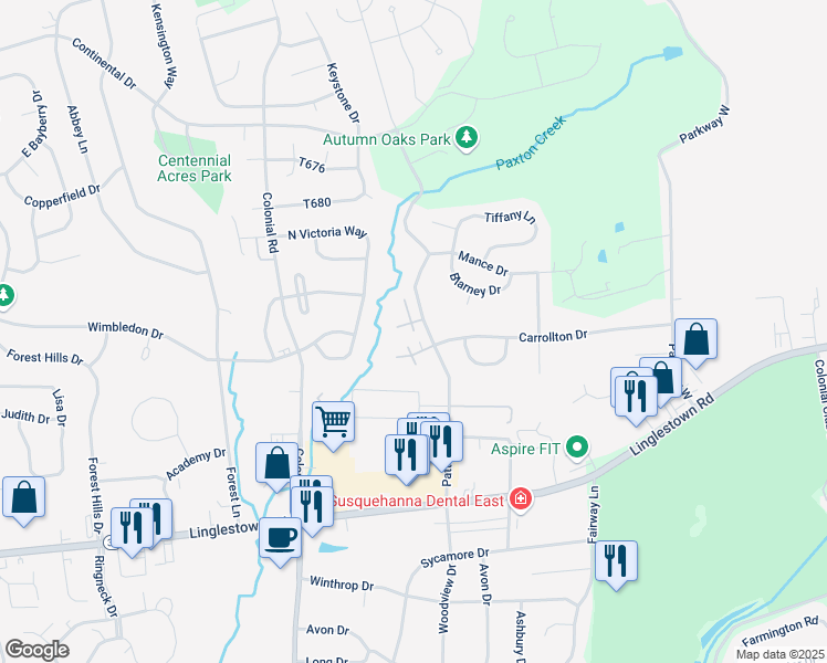 map of restaurants, bars, coffee shops, grocery stores, and more near Fairfax Village in Harrisburg