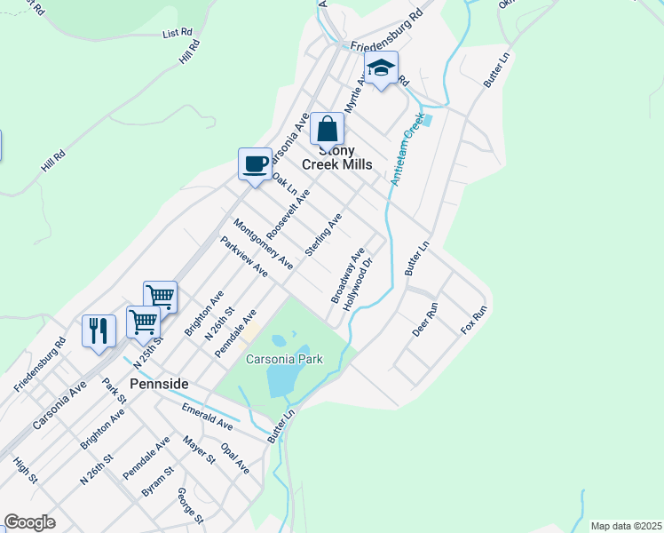 map of restaurants, bars, coffee shops, grocery stores, and more near 313 Melrose Avenue in Reading