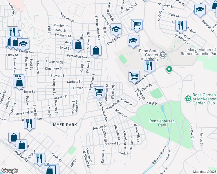 map of restaurants, bars, coffee shops, grocery stores, and more near 1712 Abraham Street in McKeesport