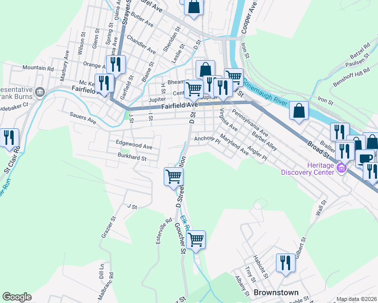 map of restaurants, bars, coffee shops, grocery stores, and more near 46-48 D St Exd in Johnstown