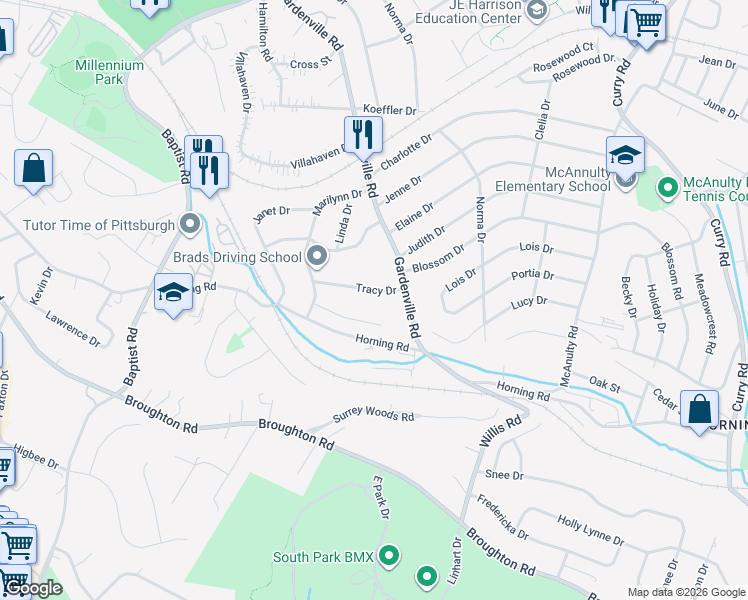 map of restaurants, bars, coffee shops, grocery stores, and more near 5612 Sandra Drive in Pittsburgh
