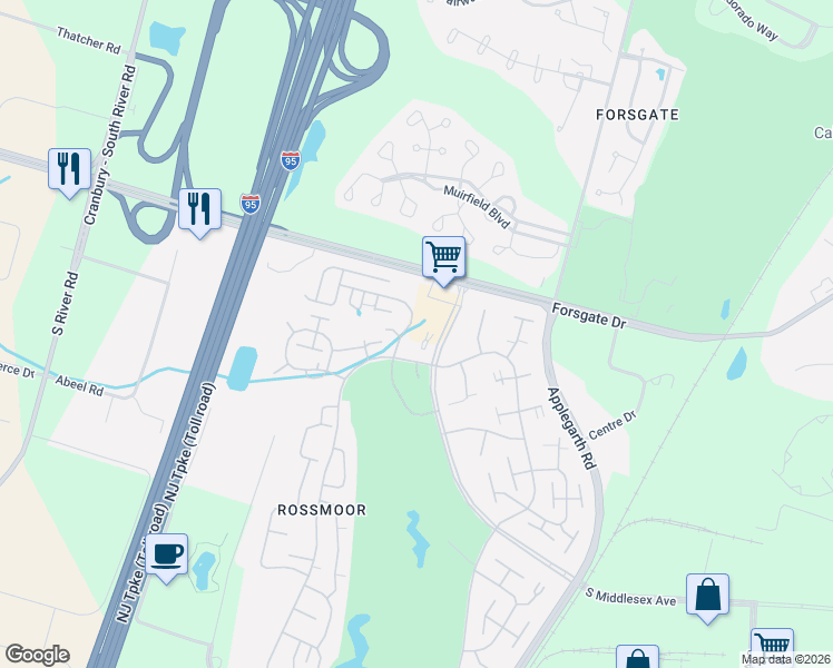map of restaurants, bars, coffee shops, grocery stores, and more near 1 Rossmoor Drive in Monroe Township