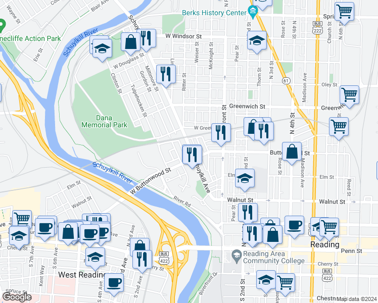 map of restaurants, bars, coffee shops, grocery stores, and more near 418 Schuylkill Avenue in Reading