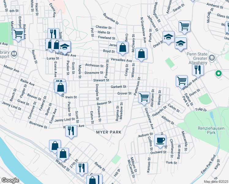 map of restaurants, bars, coffee shops, grocery stores, and more near 1615 Sumac Street in McKeesport