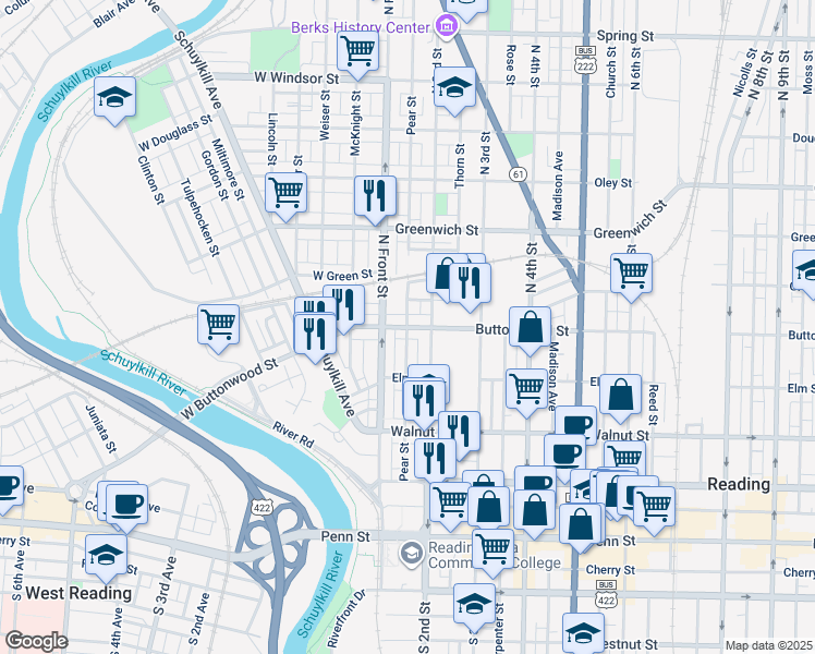 map of restaurants, bars, coffee shops, grocery stores, and more near Buttonwood St & Pear St in Reading