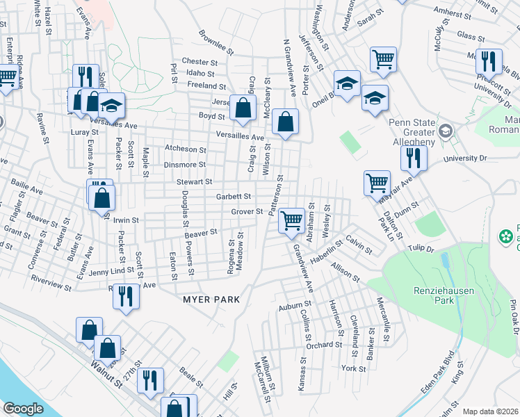 map of restaurants, bars, coffee shops, grocery stores, and more near 3301 Grover Street in McKeesport