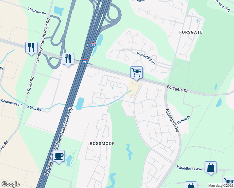 map of restaurants, bars, coffee shops, grocery stores, and more near 4 Village Mall in Monroe Township