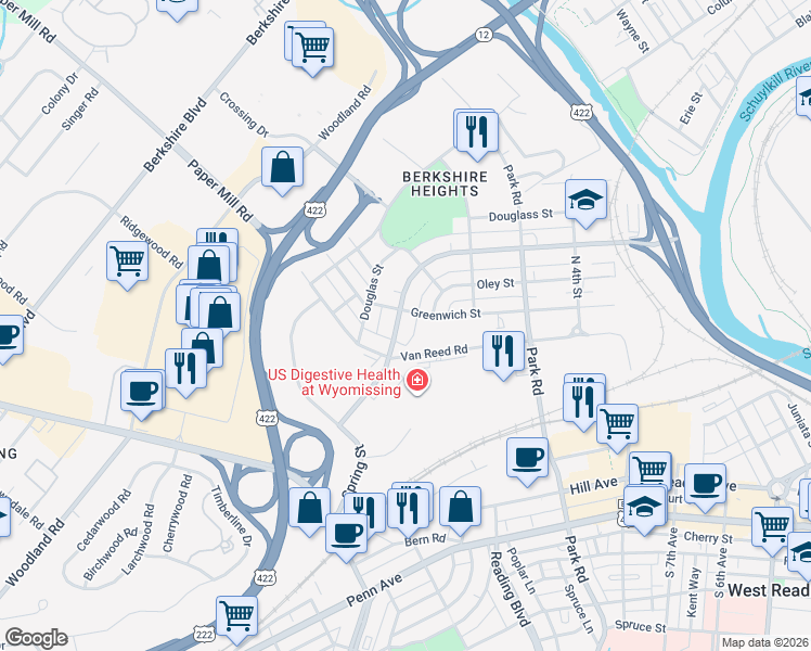 map of restaurants, bars, coffee shops, grocery stores, and more near 808 North Wyomissing Boulevard in Wyomissing