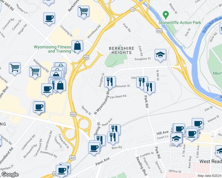 map of restaurants, bars, coffee shops, grocery stores, and more near 808 North Wyomissing Boulevard in Wyomissing
