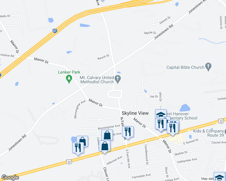 map of restaurants, bars, coffee shops, grocery stores, and more near 166 Daniel Drive in Skyline View