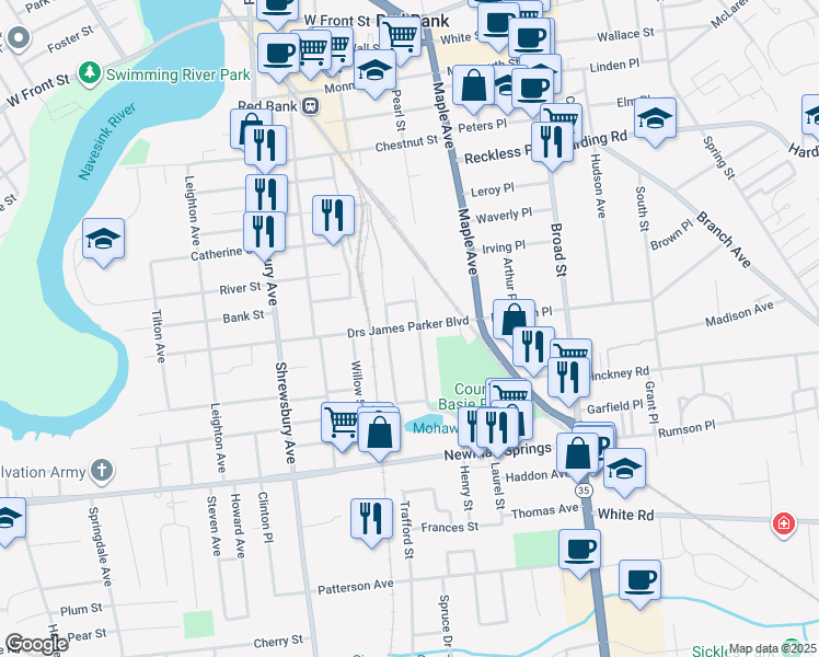 map of restaurants, bars, coffee shops, grocery stores, and more near 258 South Pearl Street in Red Bank