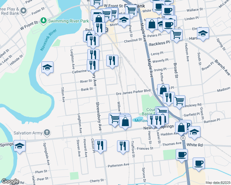 map of restaurants, bars, coffee shops, grocery stores, and more near 13 Willow Street in Red Bank