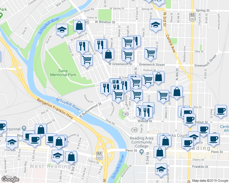 map of restaurants, bars, coffee shops, grocery stores, and more near 233 West Buttonwood Street in Reading