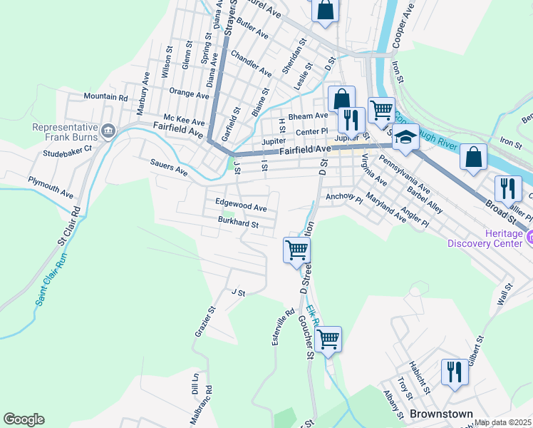 map of restaurants, bars, coffee shops, grocery stores, and more near 201-217 Burkhard Street in Johnstown