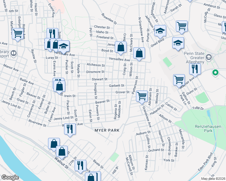 map of restaurants, bars, coffee shops, grocery stores, and more near 1712 Meadow Street in McKeesport