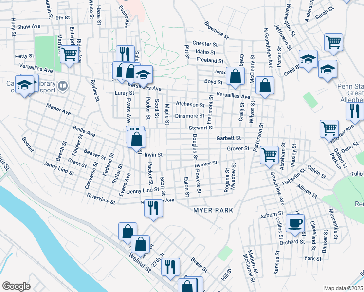 map of restaurants, bars, coffee shops, grocery stores, and more near 2719 Palmgreen Street in McKeesport