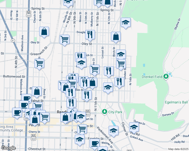 map of restaurants, bars, coffee shops, grocery stores, and more near 352 North 11th Street in Reading