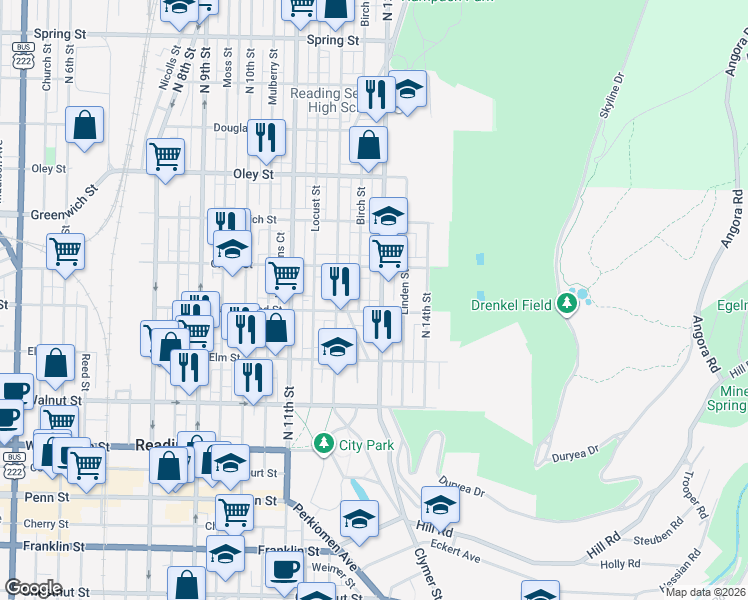 map of restaurants, bars, coffee shops, grocery stores, and more near 355 North 13th Street in Reading